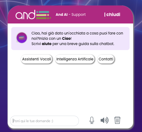 Interfaccia della smart chatbot AND Italia con finestra di dialogo personalizzabile