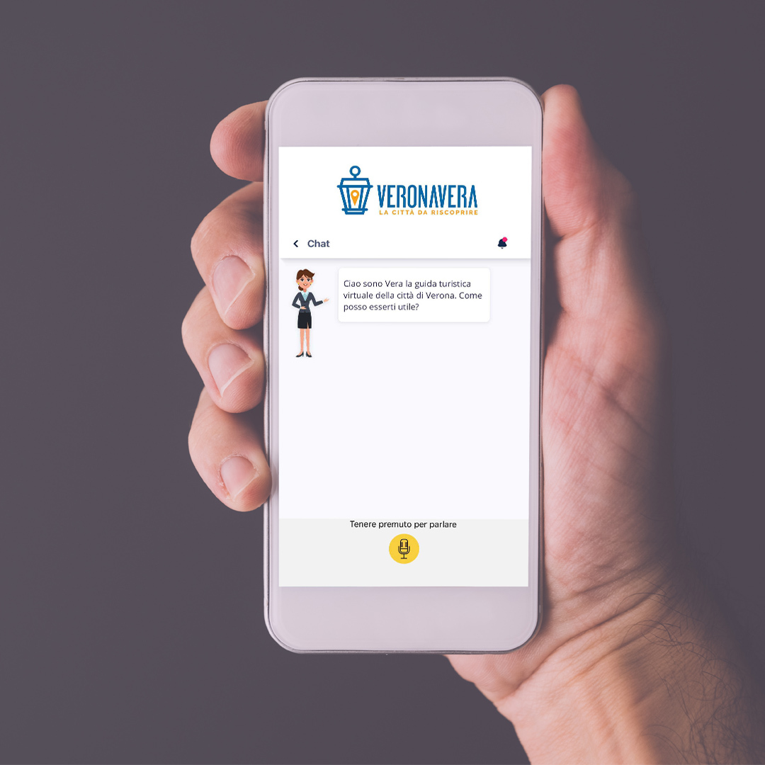 Schermata dell'app Verona Vera con un itinerario turistico guidato dall'assistente vocale