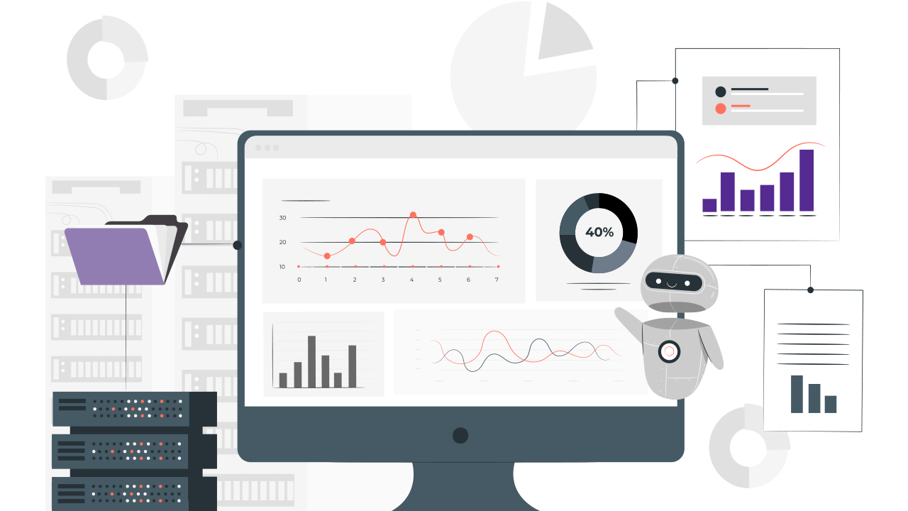 Tecnico informatico che analizza dati e infrastrutture di rete su più schermi